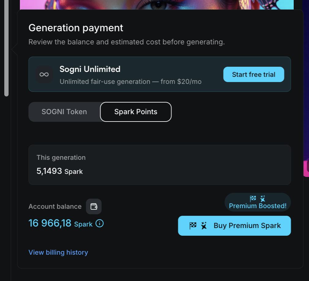 Generation payment panel