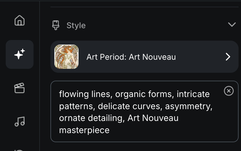 Style selected with editable keywords