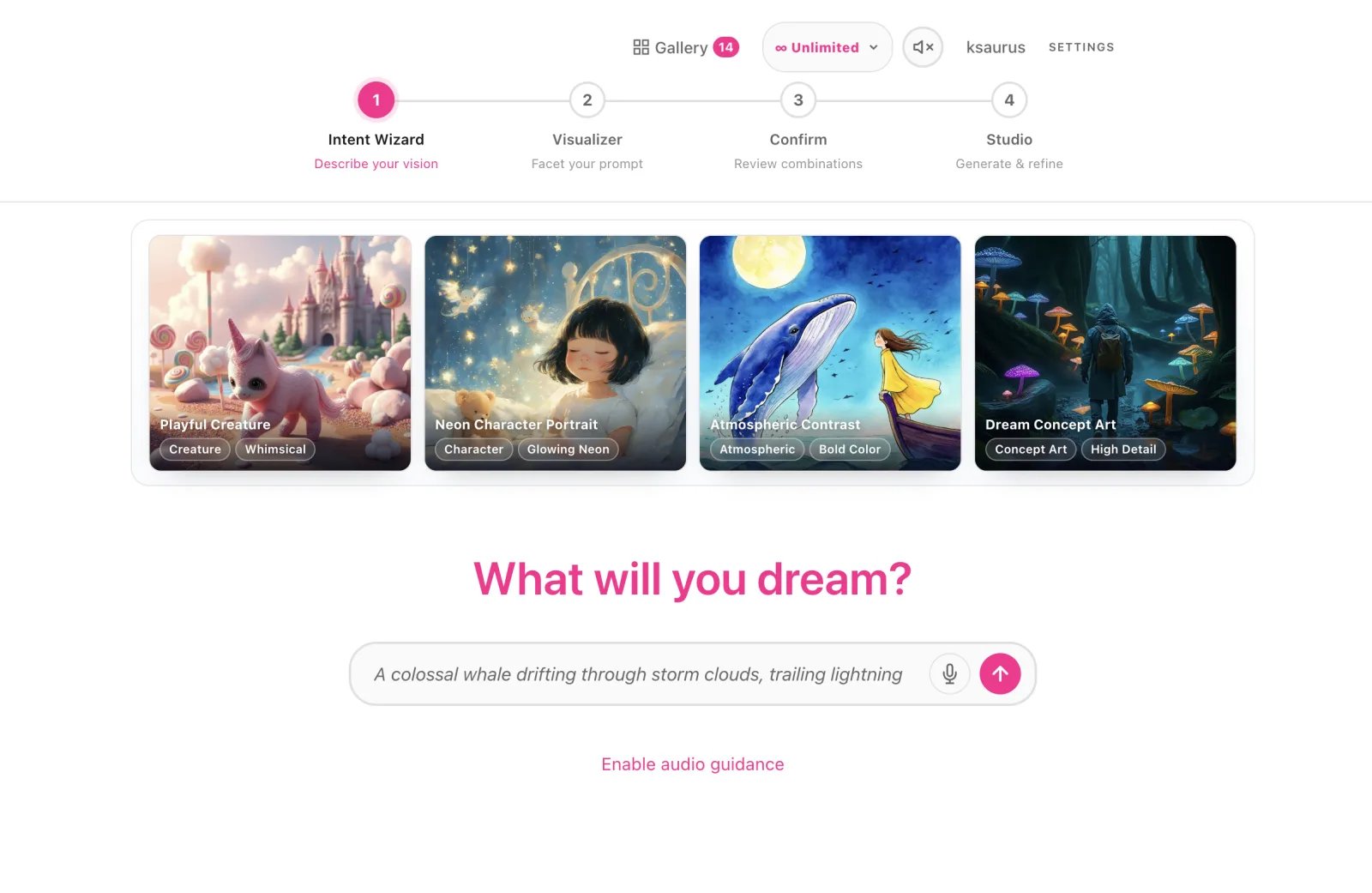 The Sogni Vibe Intent Wizard: a single prompt box asking 'What will you dream?' above sample style cards and the four-step flow