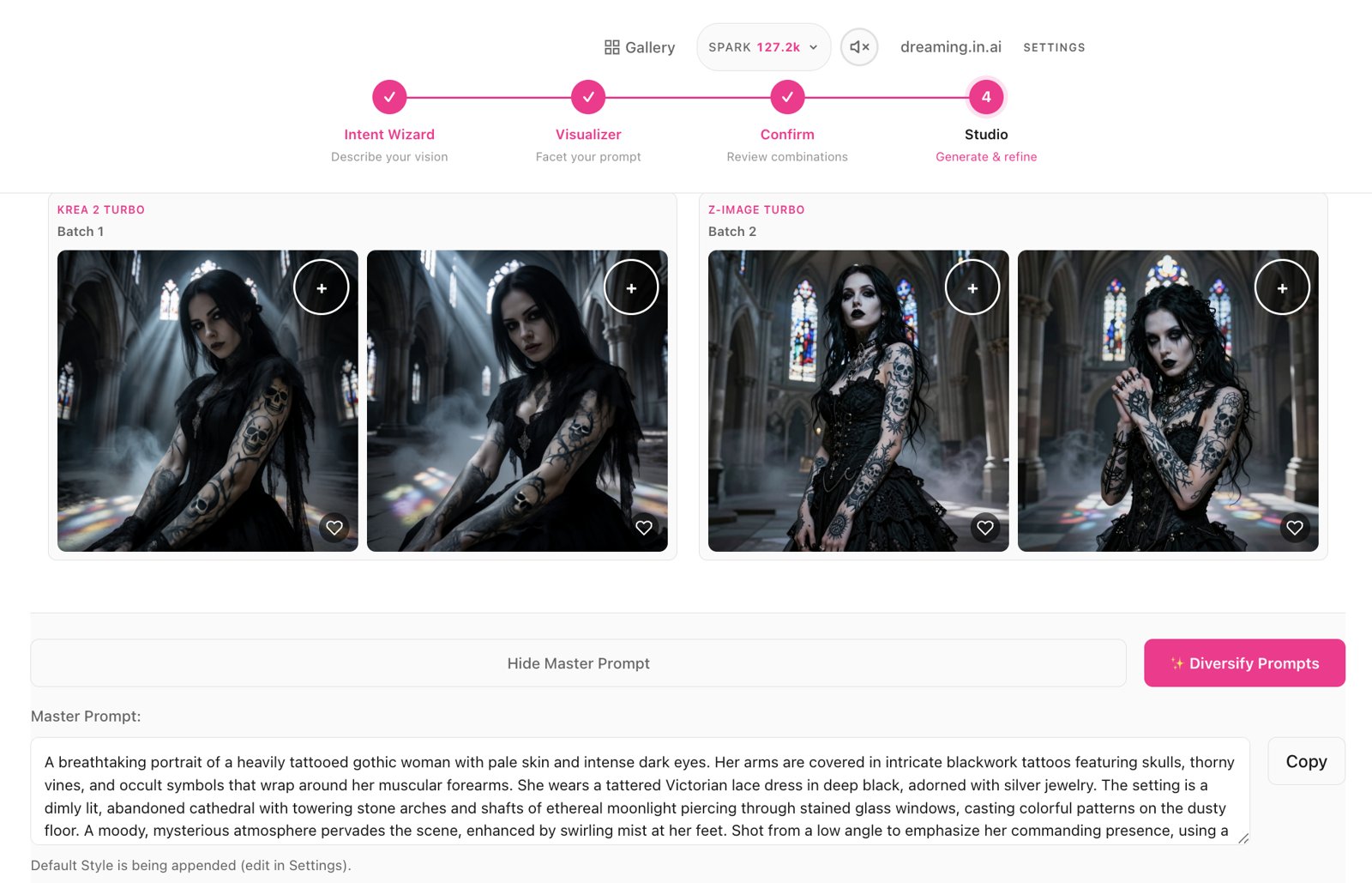 The Sogni Vibe Studio: gothic portrait batches rendering side by side across models, with the editable master prompt below