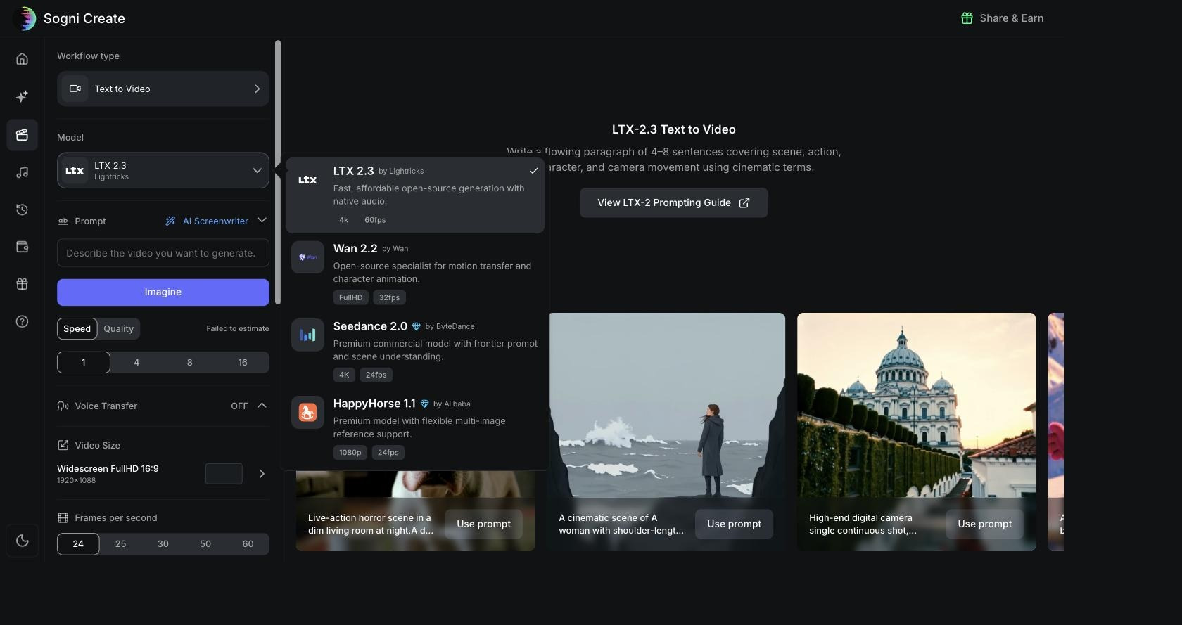 Video model picker showing premium badges