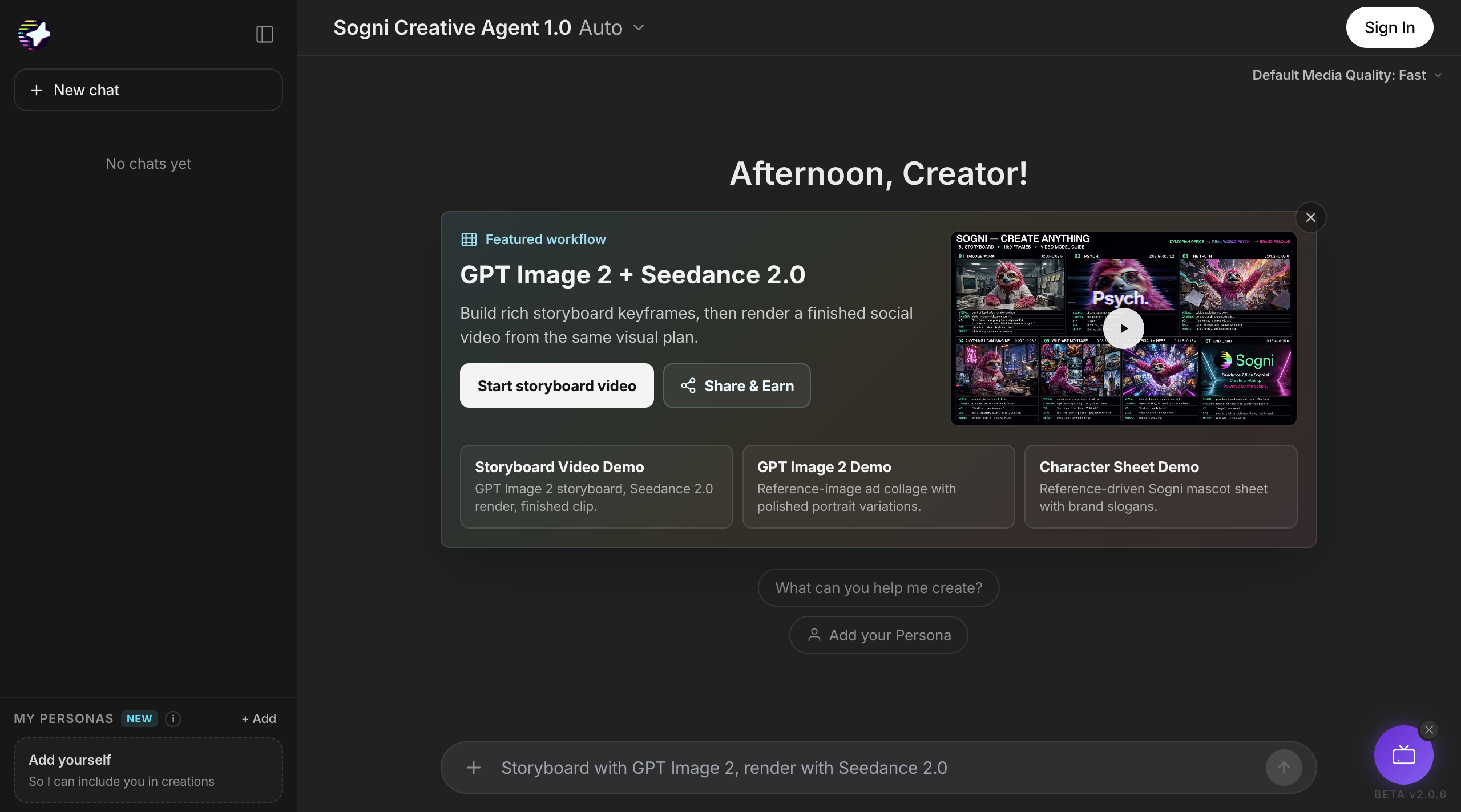 Sogni Creative Agent 1.0 welcome screen with the pinned Featured workflow panel: GPT Image 2 + Seedance 2.0, plus three demo cards for Storyboard Video, GPT Image 2 and Character Sheet.