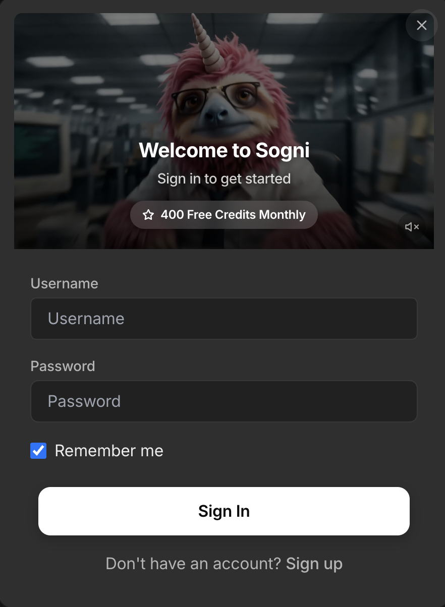 Welcome to Sogni sign-in modal with the Sogni mascot, username and password fields, Remember me checkbox, Sign In button, and 400 Free Credits Monthly badge.