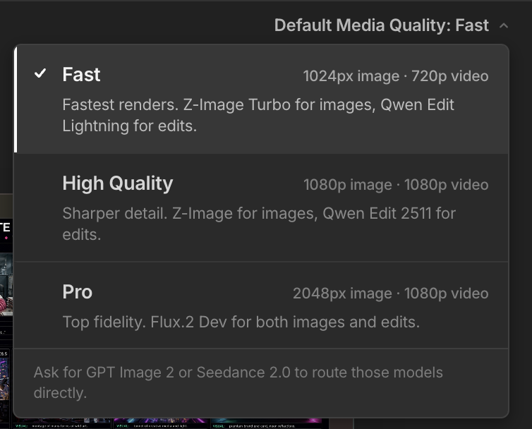 Default Media Quality dropdown showing Fast (1024px image, 720p video), High Quality (1080p, 1080p), and Pro (2048px, 1080p) options.
