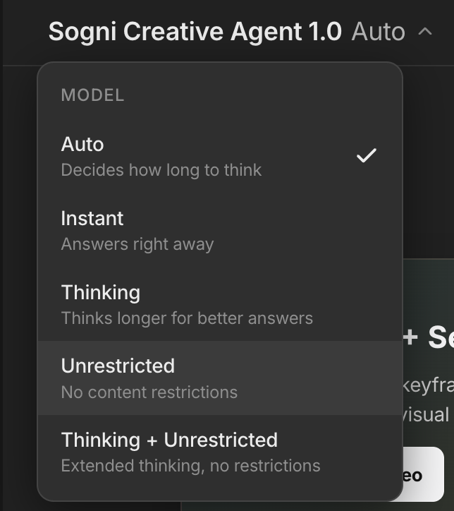 Sogni Creative Agent 1.0 model dropdown showing Auto, Instant, Thinking, Unrestricted, and Thinking + Unrestricted modes.