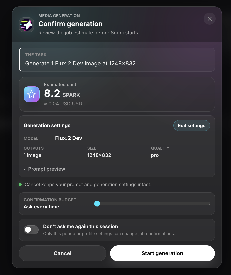 Confirm generation panel: Flux.2 Dev image at 1248x832, pro quality, estimated 8.2 Spark / $0.04 USD, with Cancel and Start generation buttons.