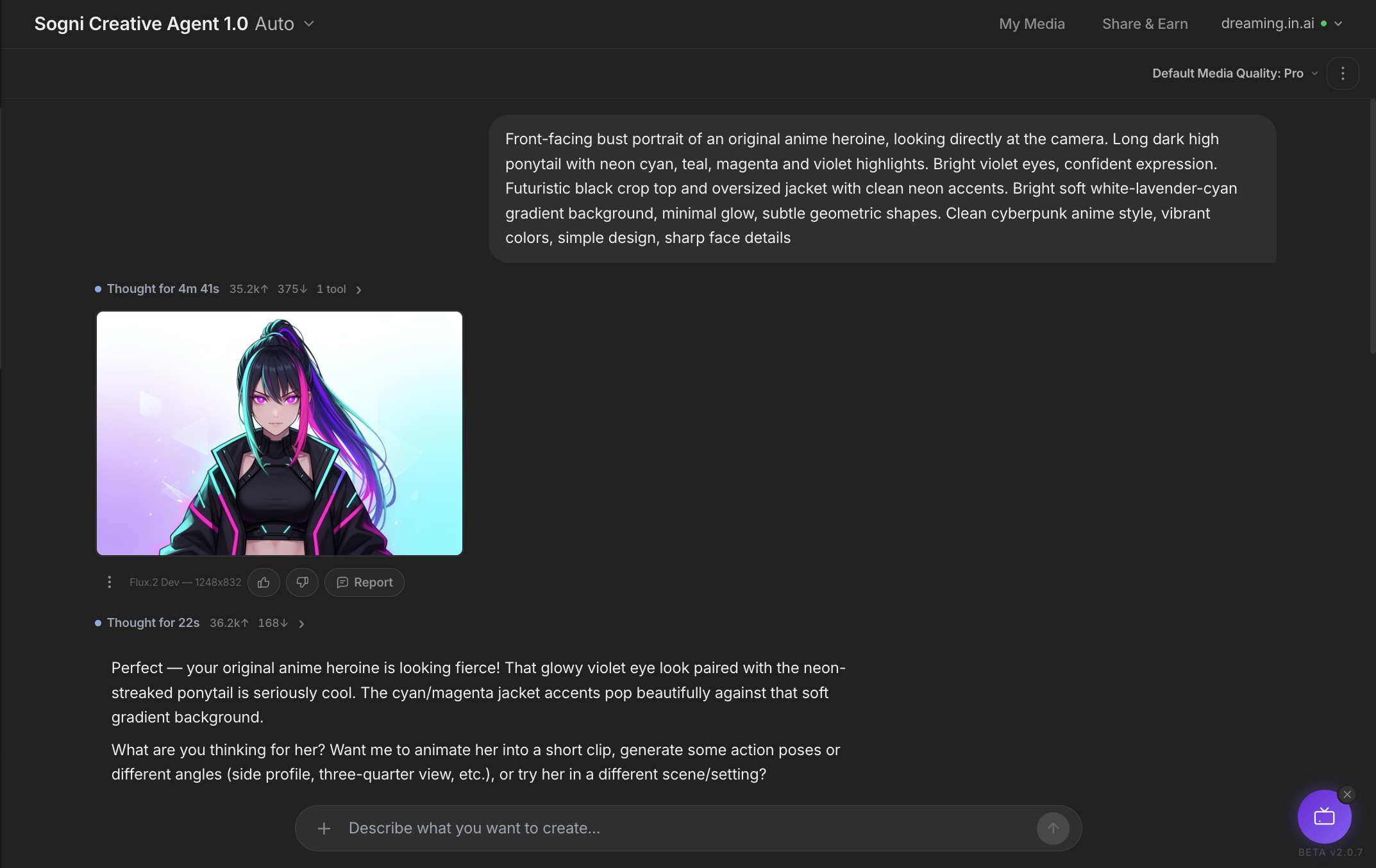Sogni Chat result: the original brief on the right, and on the left a generated bust portrait of a cyberpunk anime heroine with cyan, teal, magenta highlights and violet eyes. The agent suggests animating her or generating more angles.