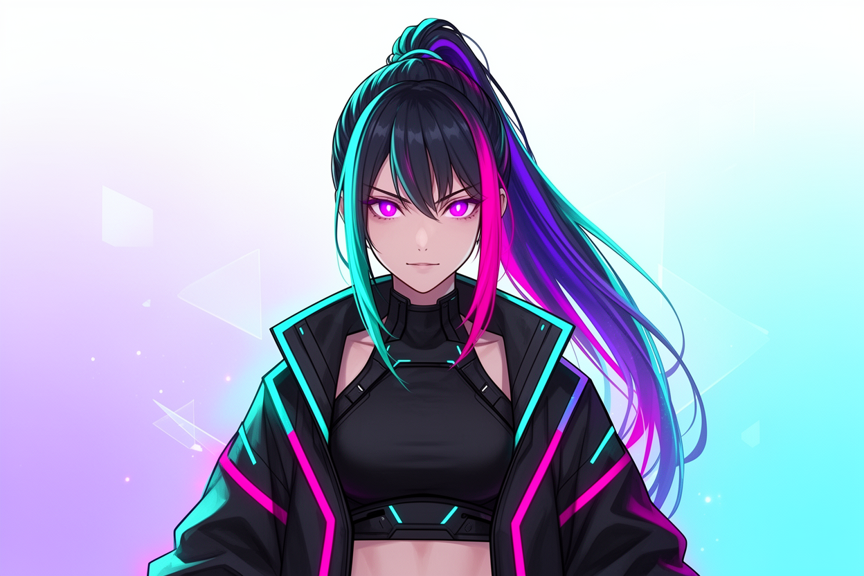 Standalone full-resolution view of the cyberpunk anime heroine: bust portrait, dark hair with cyan, teal, magenta highlights, magenta eyes, leather jacket with neon accents.
