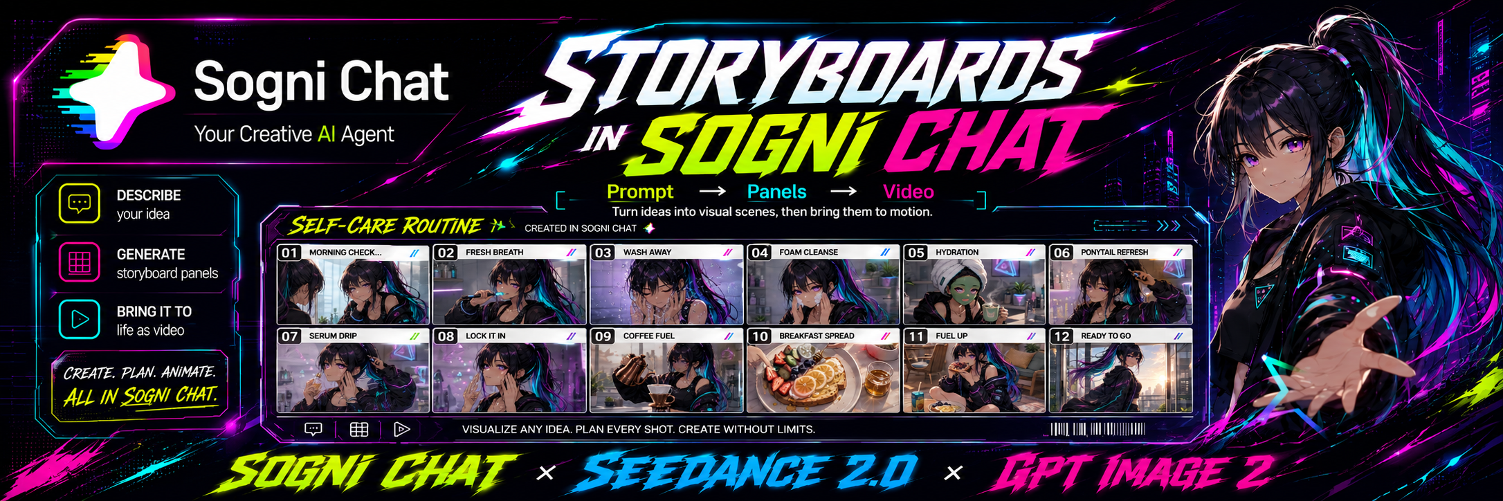 Storyboards in Sogni Chat banner: prompt to panels to video, featuring a multi-panel self-care storyboard and a futuristic cyberpunk anime character.