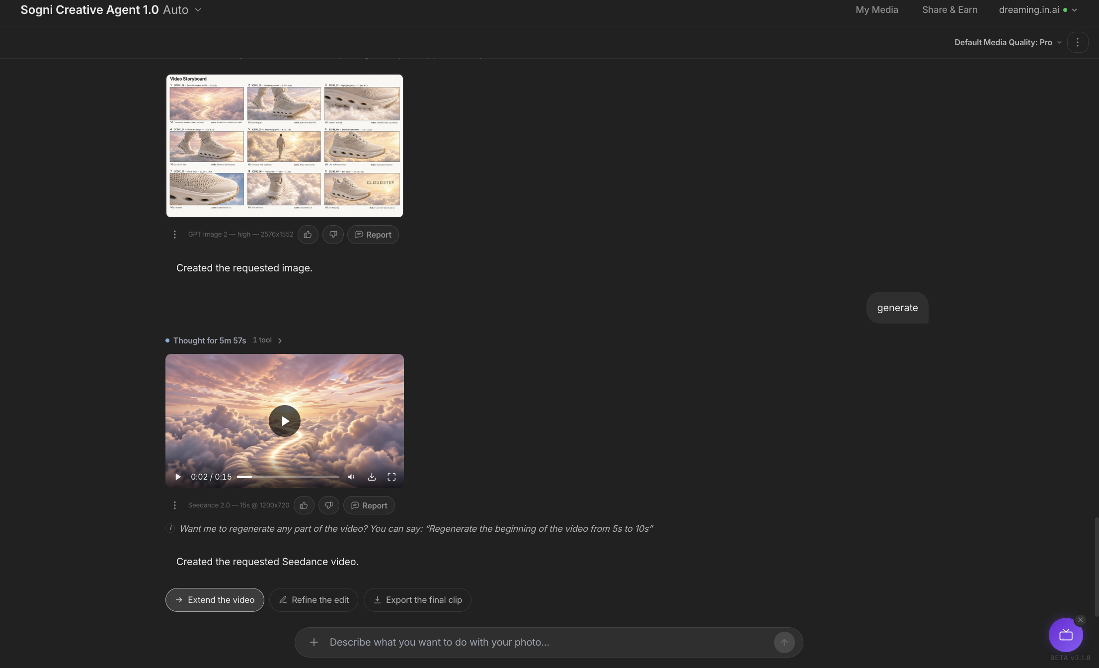 The finished CloudStep clip delivered in the chat with extend, refine and export options
