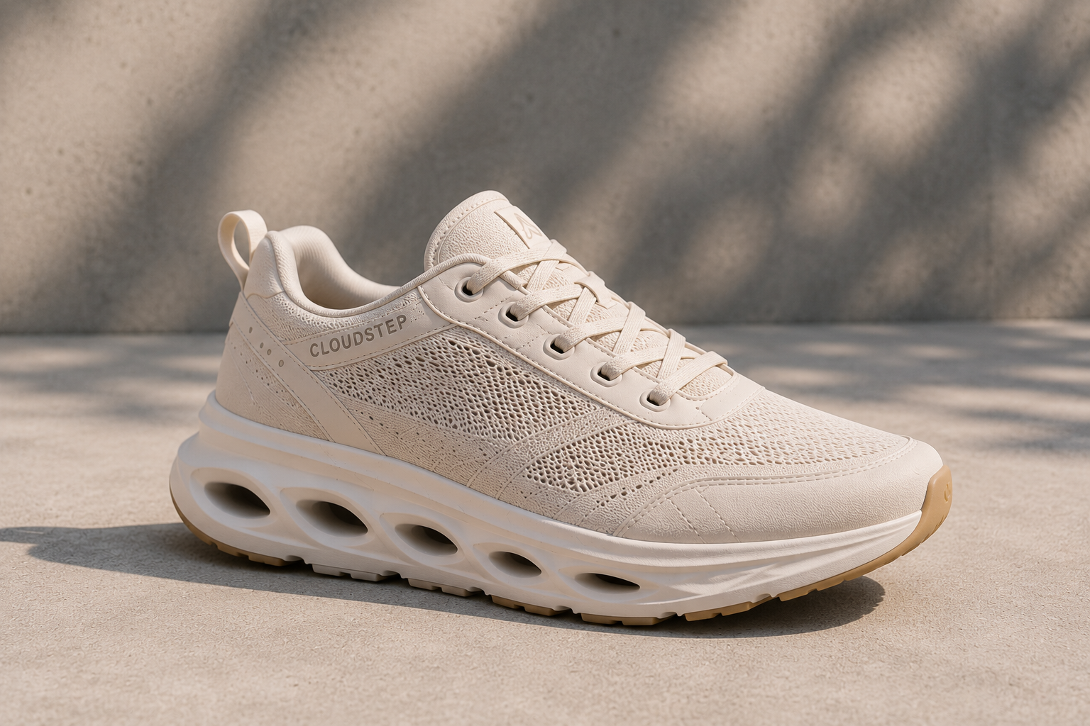 The CloudStep sneaker reference photo: a cream knit running shoe on concrete