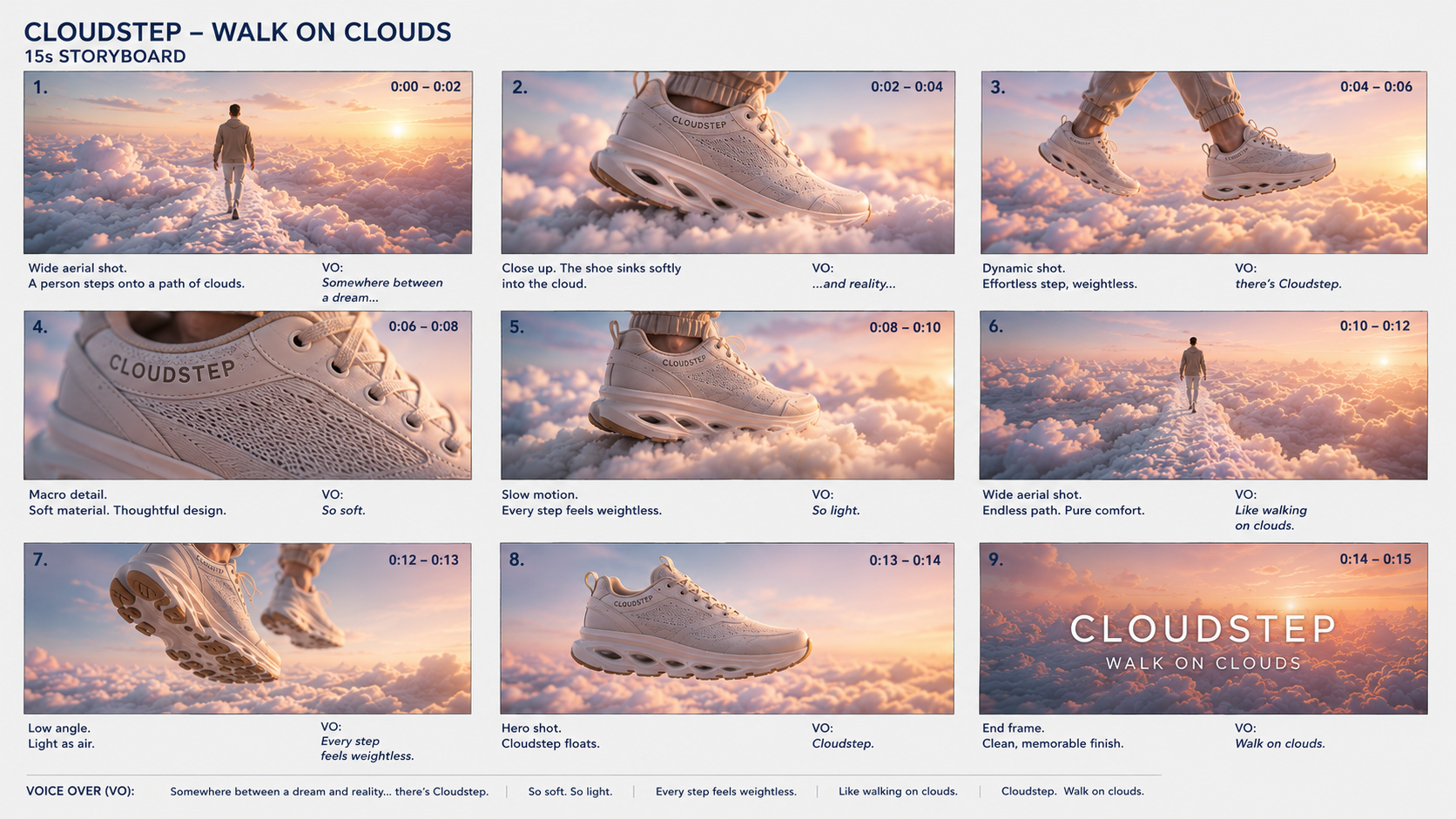 The finished CloudStep storyboard sheet: nine panels of the sneaker walking on clouds at sunrise
