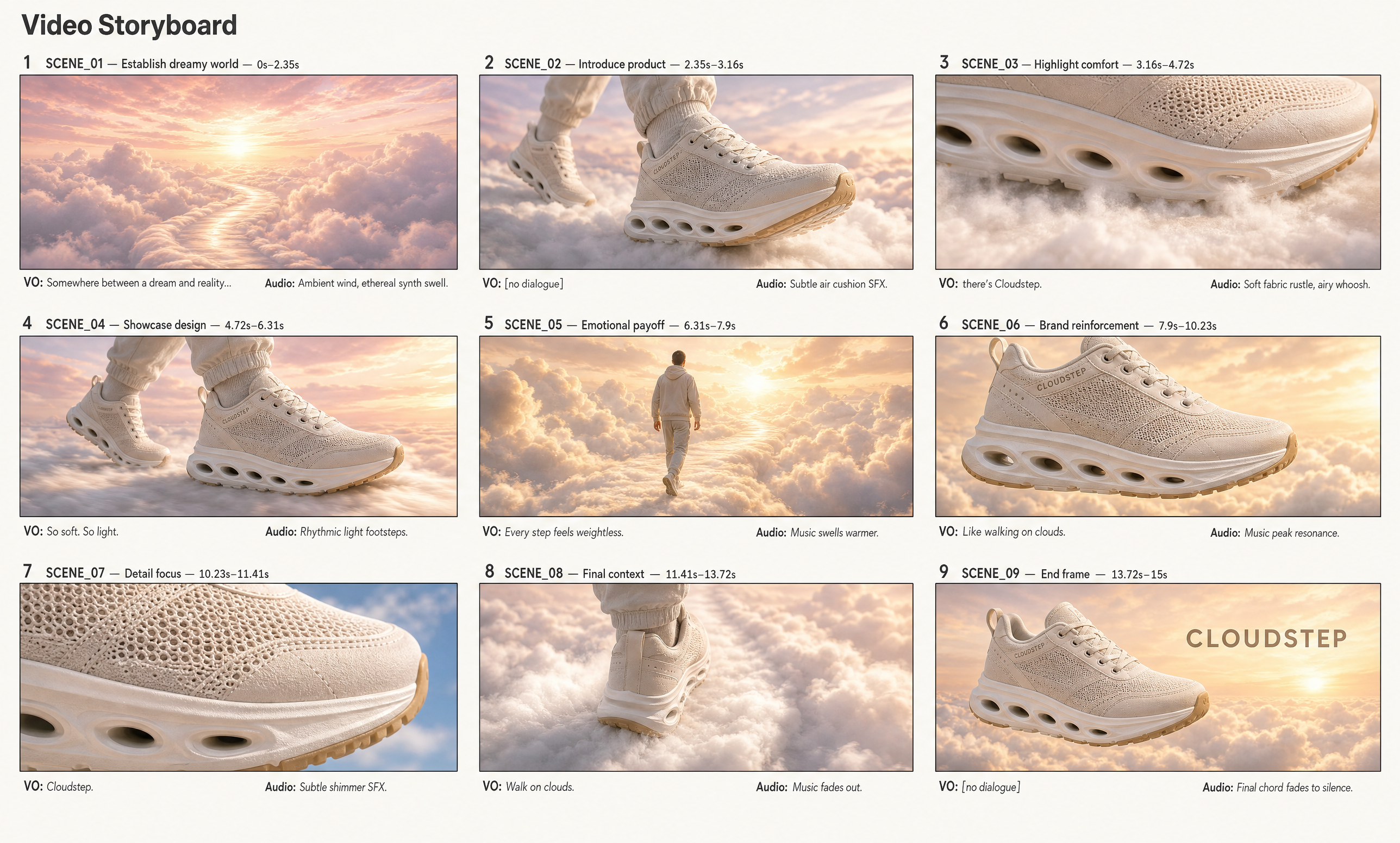 A second CloudStep storyboard sheet in warm golden-hour tones, nine scenes