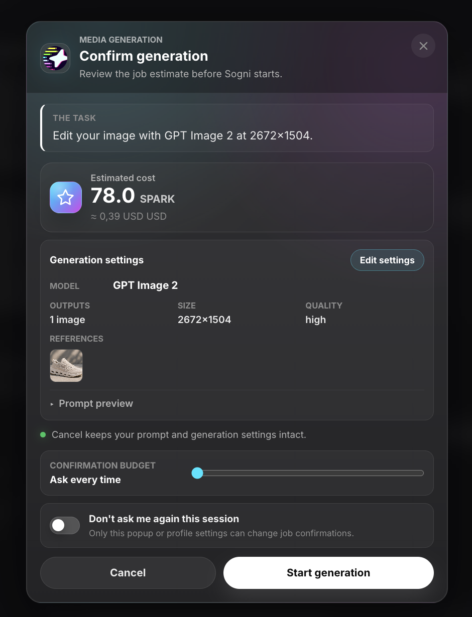 Confirm generation panel: GPT Image 2 at 2672x1504, estimated 78 Spark