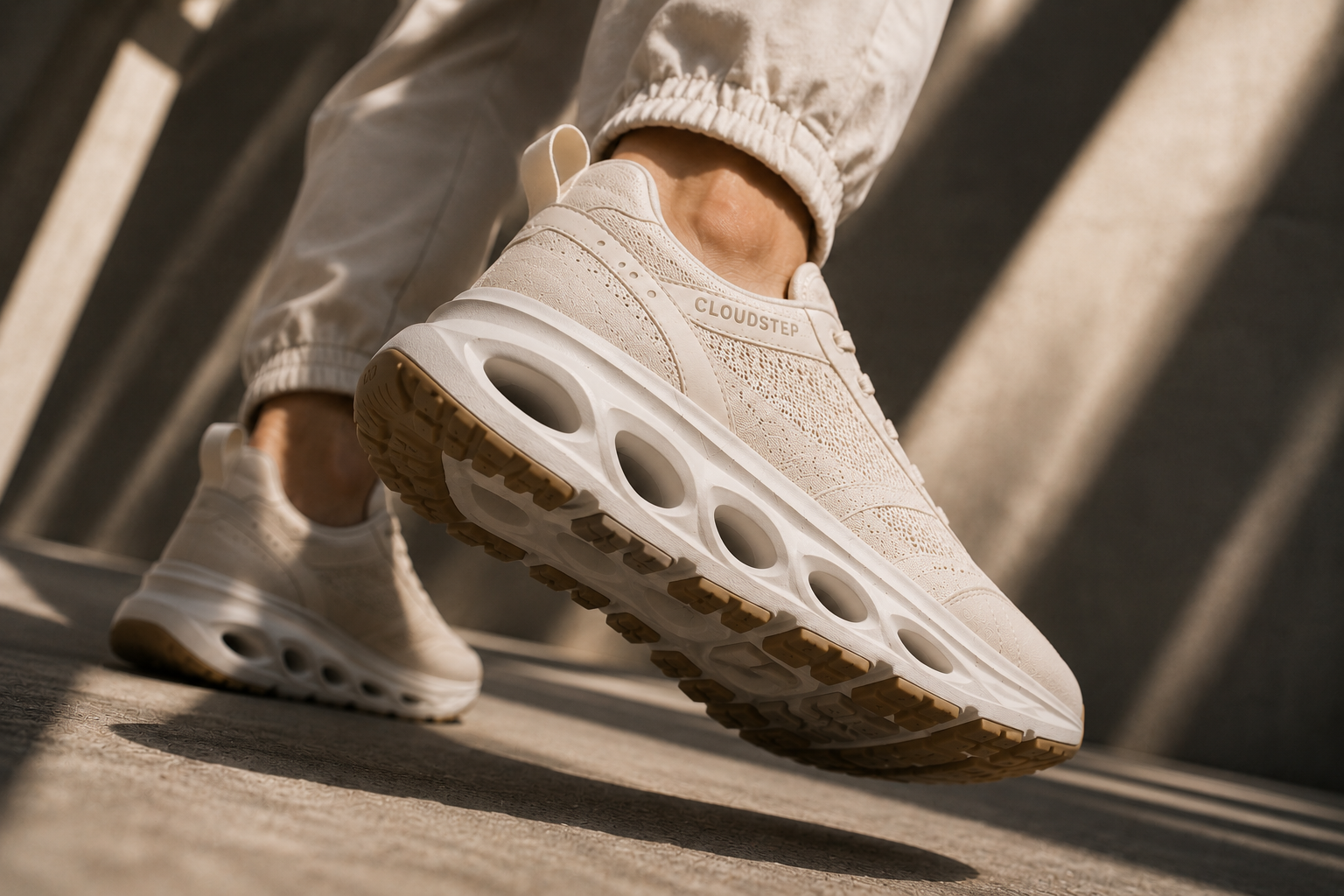 Finished CloudStep commercial - hero still of the sneaker on clouds