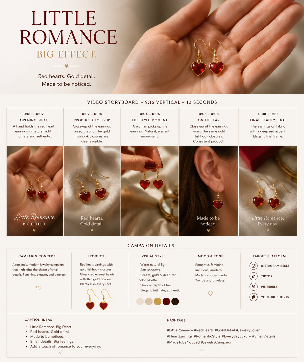 Little Romance storyboard sheet: five vertical panels of the heart earrings