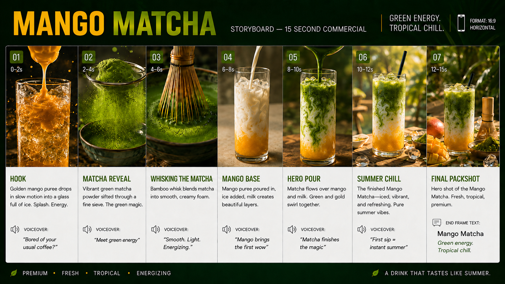 Mango Matcha storyboard sheet: seven horizontal panels from pour to final shot
