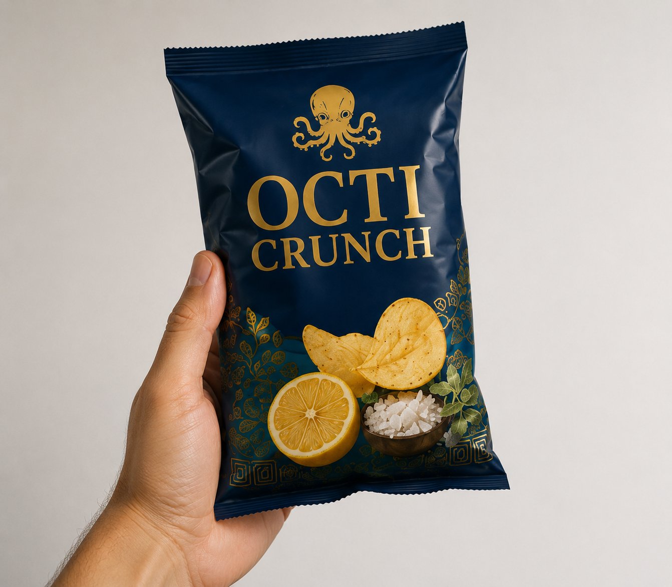 Reference photo: a hand holding a navy OCTI CRUNCH chips bag