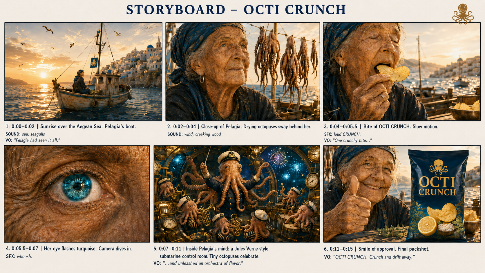 Octi Crunch storyboard: six cinematic panels following an Aegean fisherwoman