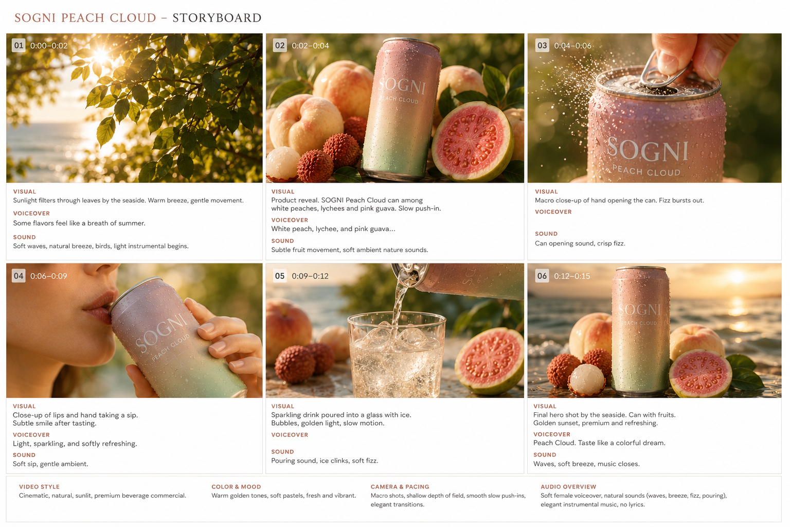 Sogni Peach Cloud storyboard sheet: six golden-hour panels by the seaside