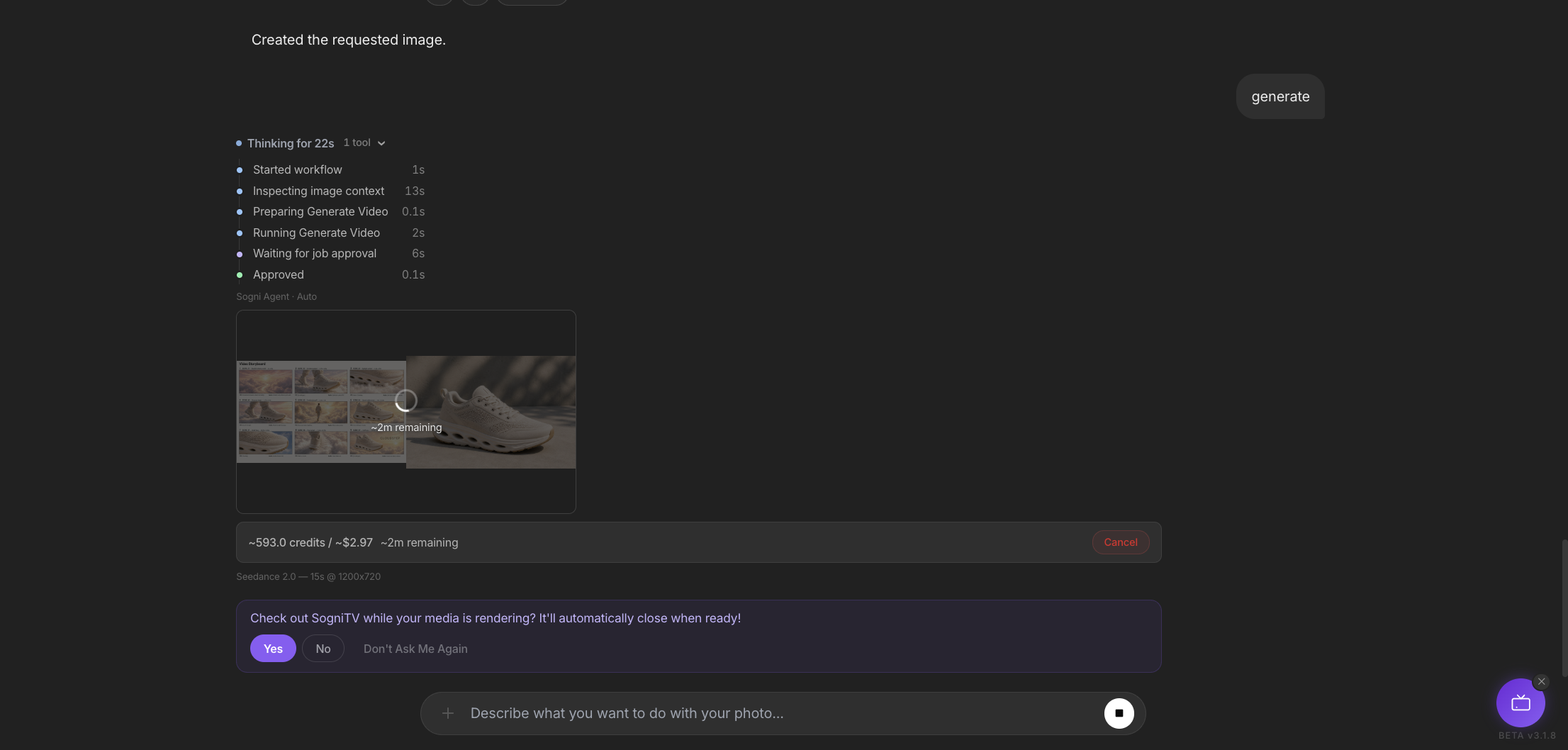 Seedance 2.0 rendering the CloudStep video inside the chat, credits and time remaining shown
