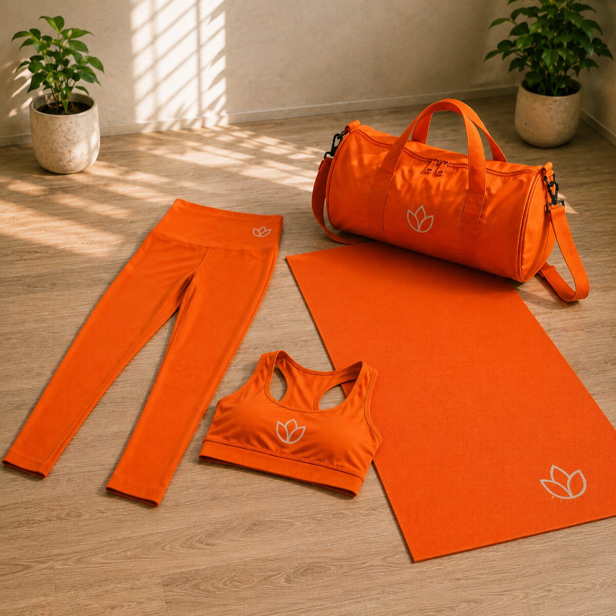 Reference photo: an orange activewear set on a wooden floor