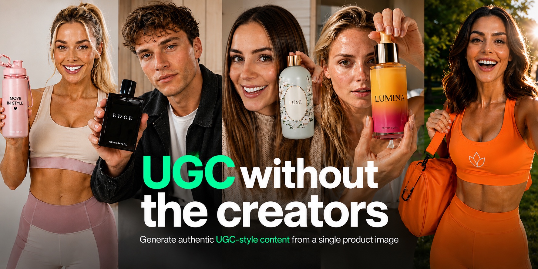 UGC without the creators - AI-generated influencers advertising EDGE fragrance, LUMINA skincare and activewear, all made with Sogni.