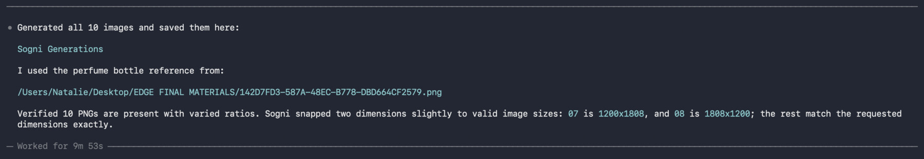 Terminal output: all ten EDGE campaign stills generated and saved in one run