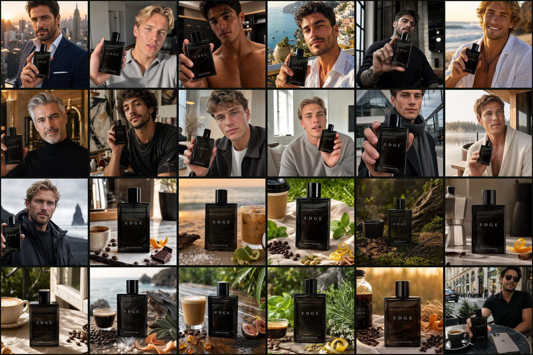 A full product session generated from one EDGE bottle photo - many creators and product shots