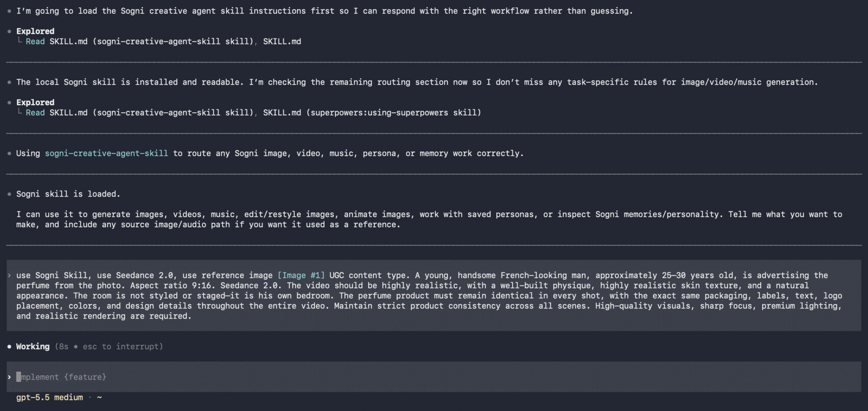 The EDGE UGC video brief running in the Sogni Skill terminal