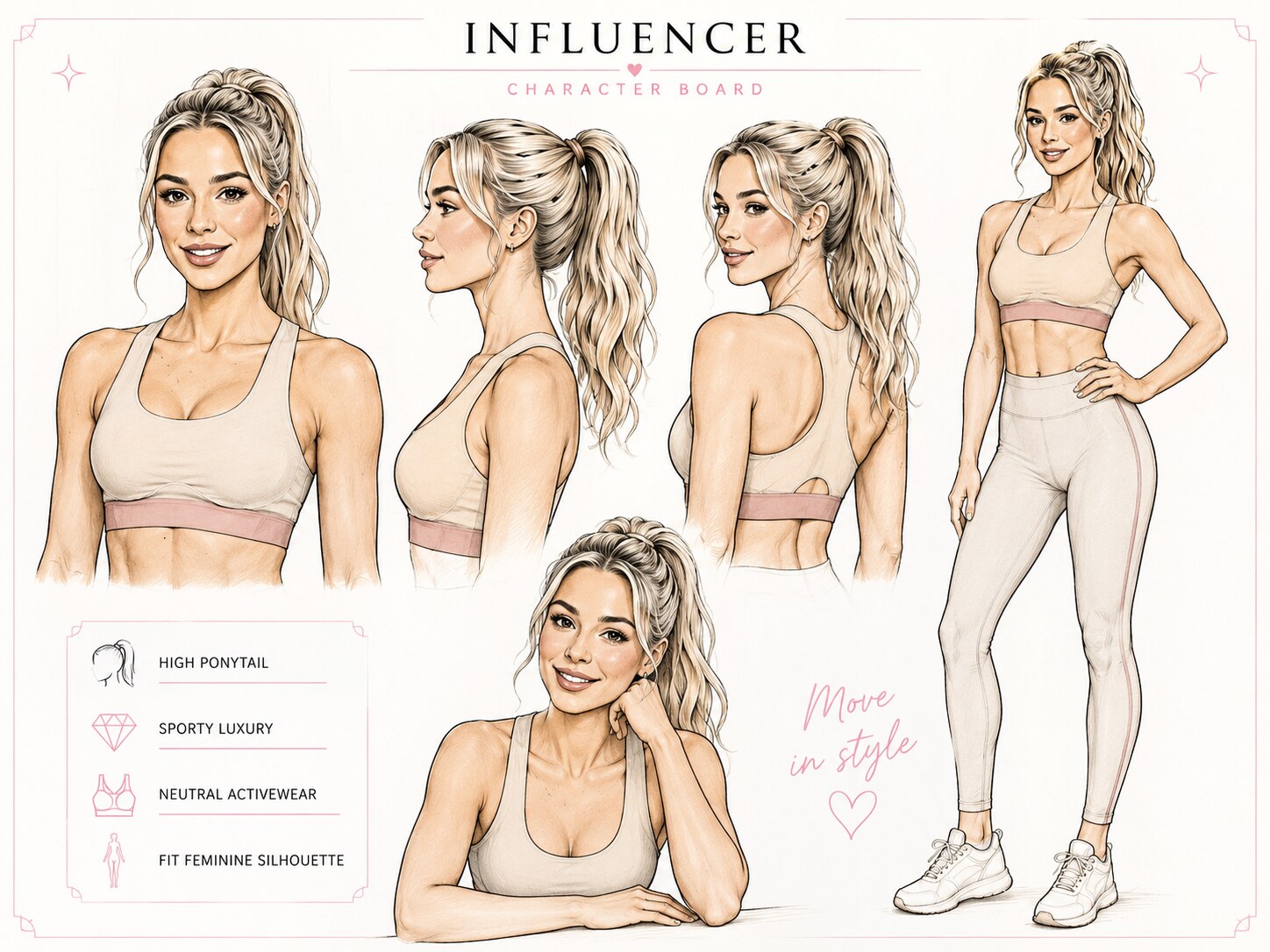 Character board for the MOVE IN STYLE sporty-luxury influencer - face, hair and wardrobe