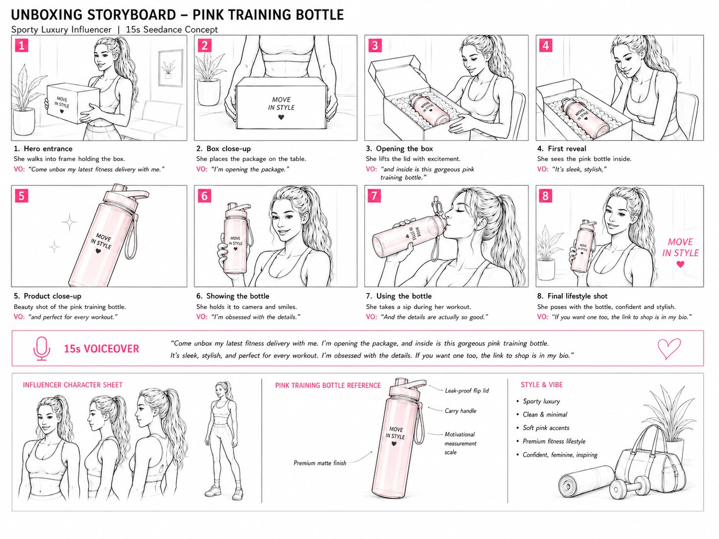 Unboxing storyboard for the pink training bottle - entrance, reveal, sip, lifestyle
