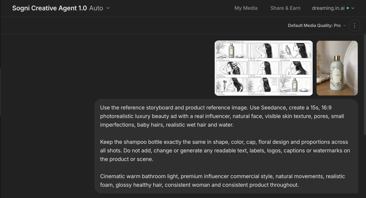 The LUMI brief typed into Sogni Chat with the storyboard and product reference attached