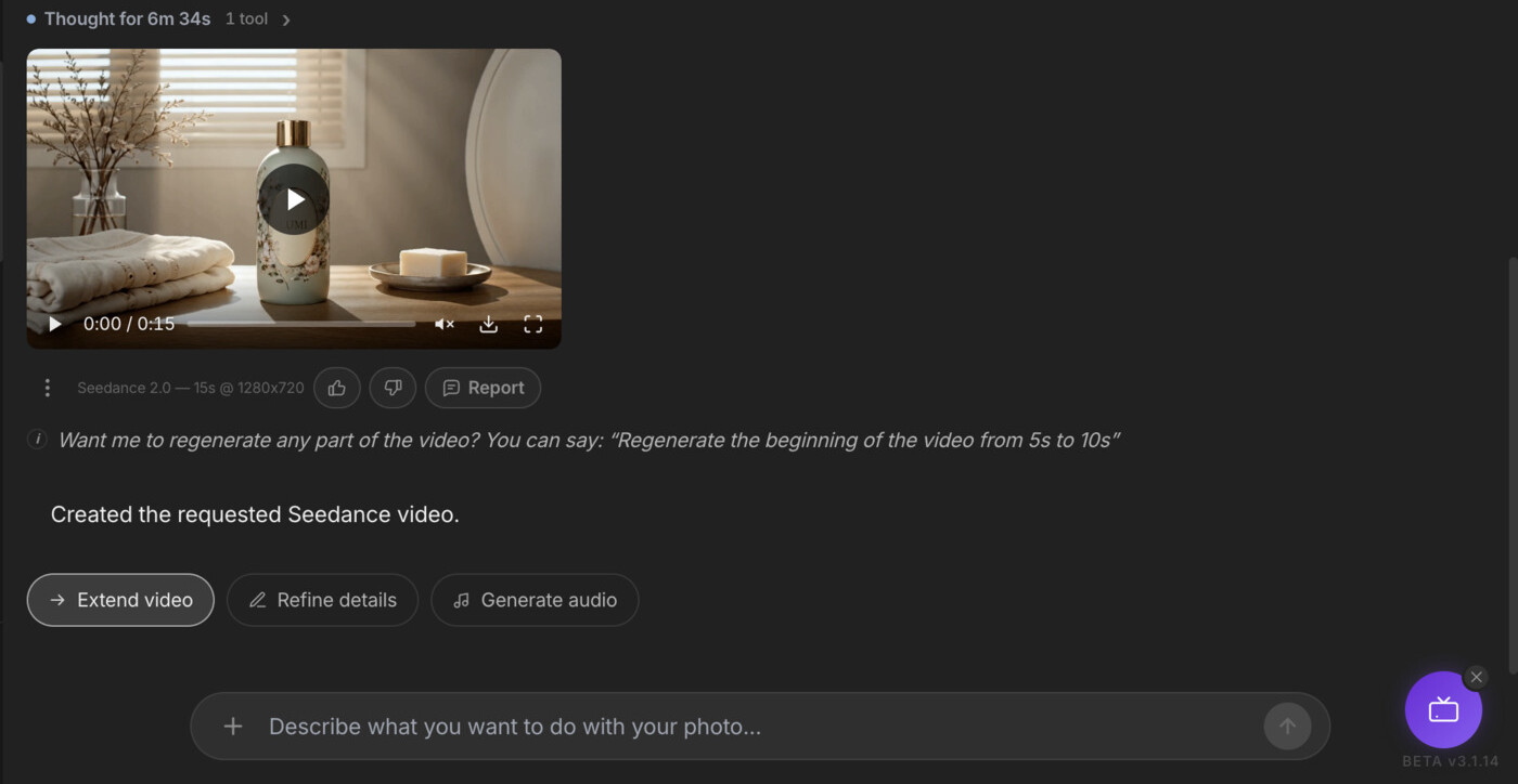 The finished LUMI Seedance video delivered inside Sogni Chat with extend and refine options