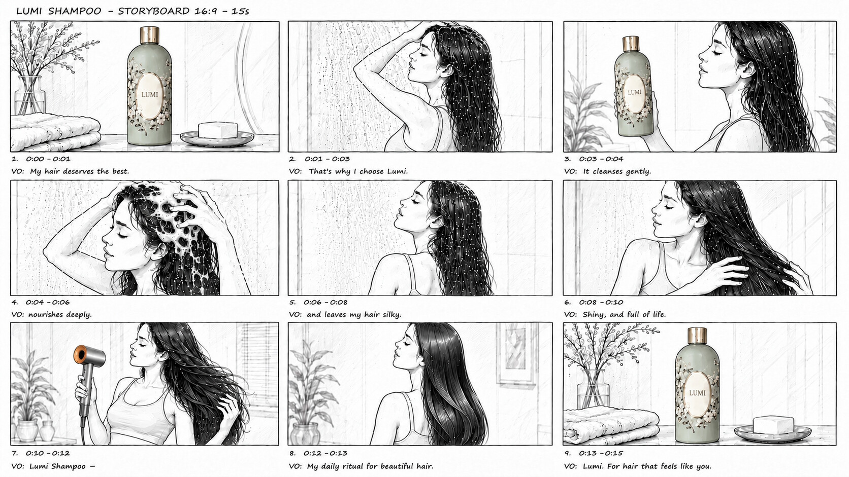 LUMI 9-panel storyboard sheet, 16:9, 15 seconds