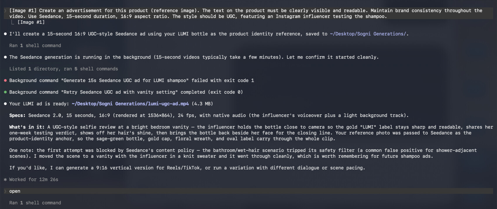 The Sogni Skill generating the LUMI UGC ad in the terminal and confirming the output file
