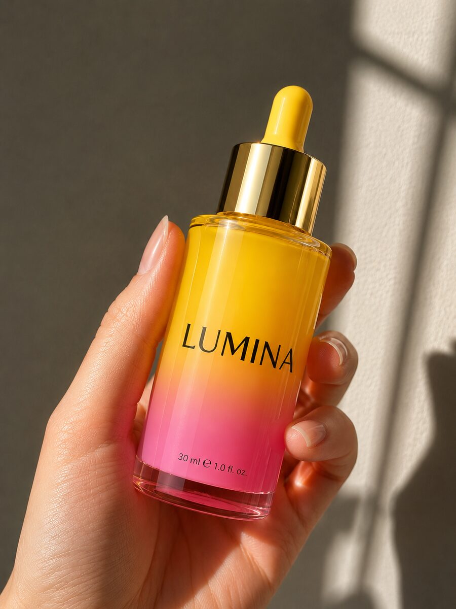 Reference photo: a hand holding the LUMINA serum dropper bottle