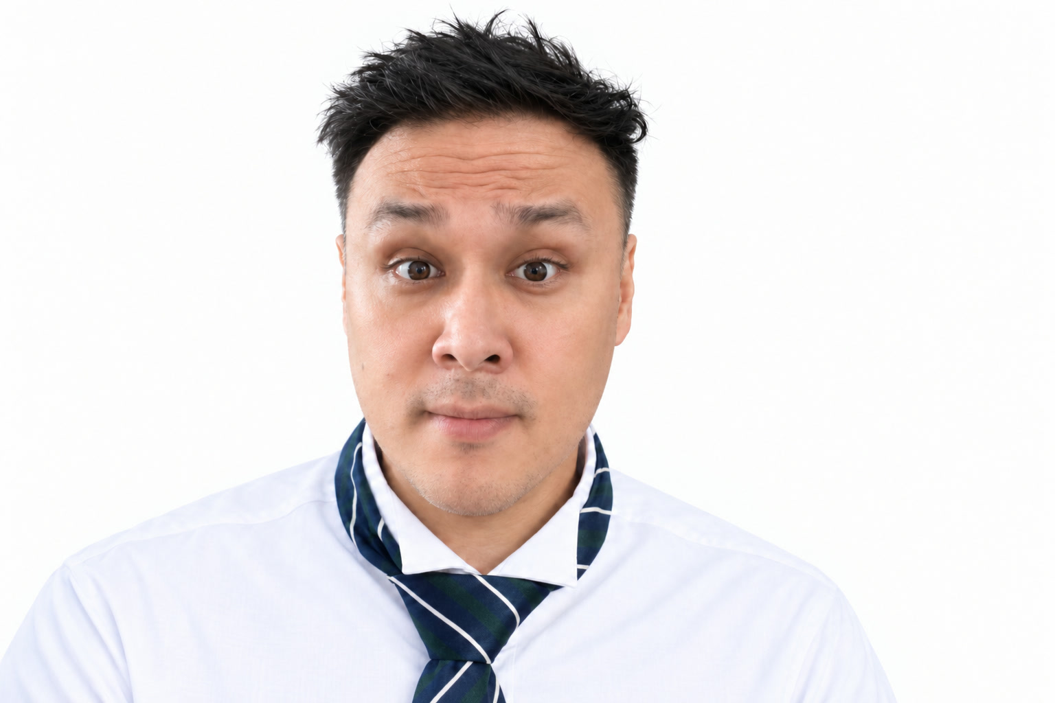 Mauvis’s clean-shaven reference portrait, in a white shirt and striped tie