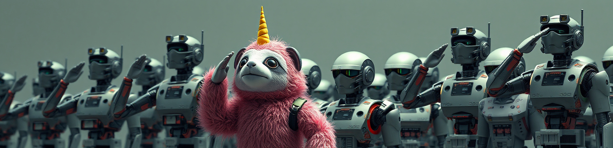 A pink unicorn sloth salutes alongside a row of robot workers