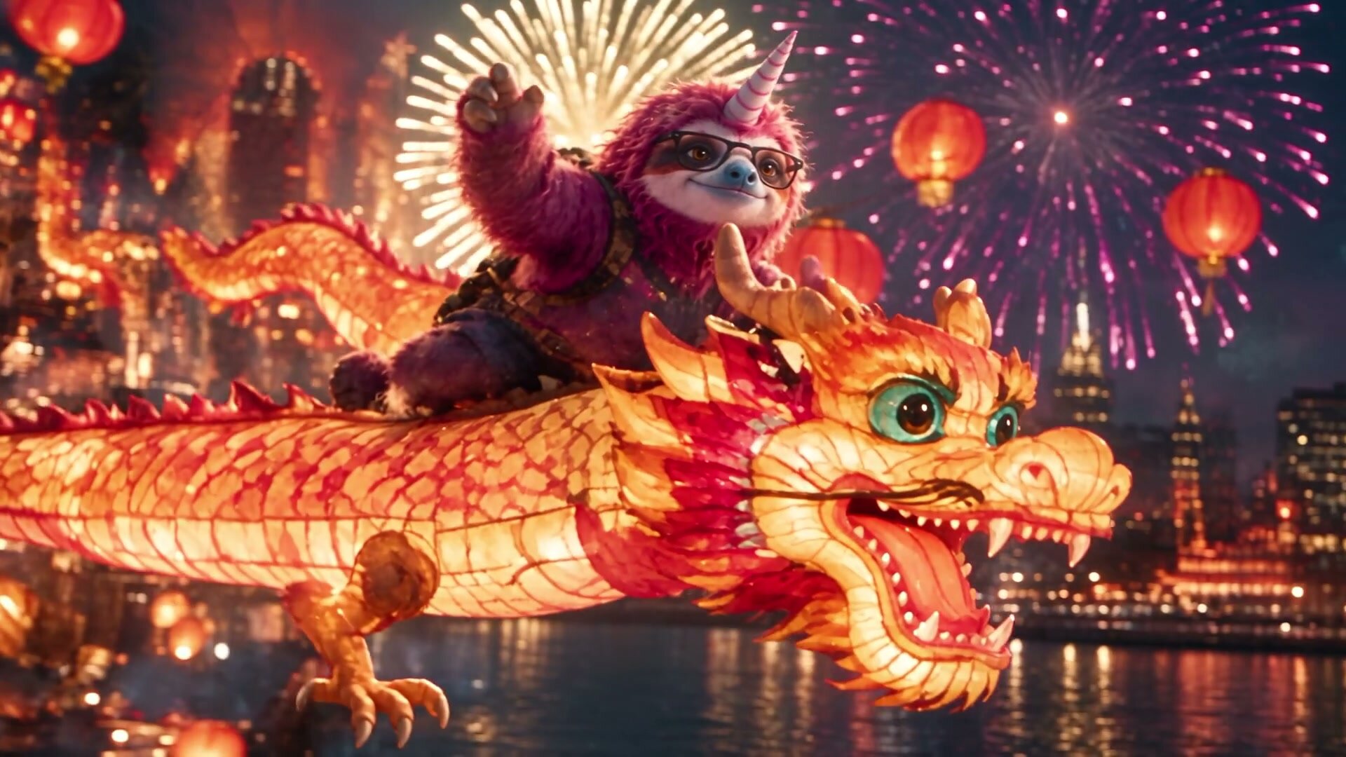 A pink sloth rides a glowing dragon through a night sky in the Make Wild Art Seedance 2.5 film.