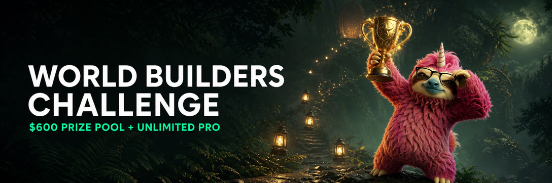 World Builders Challenge: $600 prize pool + Unlimited Pro. Simon the pink sloth raises a golden trophy in a lantern-lit forest.