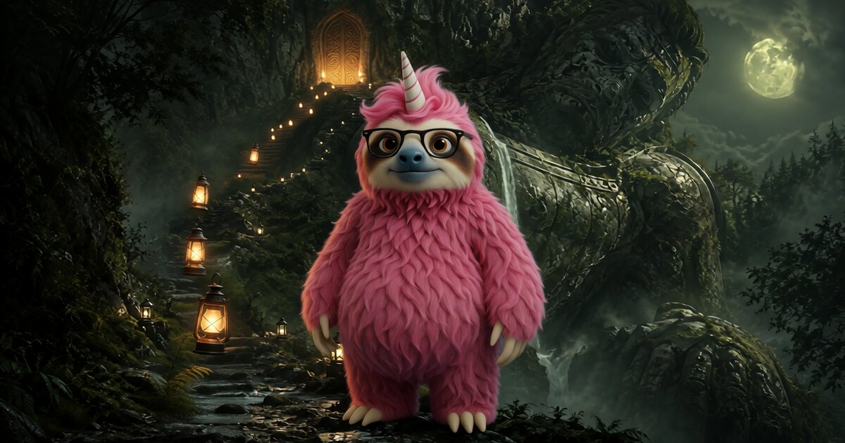 Simon, the pink sloth with glasses and a unicorn horn, on a lantern-lit forest path